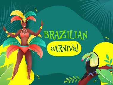 Brezilya Karnaval Poster Tasarımı Kadın Samba Dansçısı, Toucan Kuşu ve Teal Arkaplanda Yapraklar.