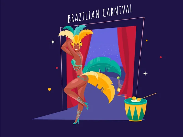 Женщина Мультипликатор Танцует Самбу Инструментом Барабанов Тюленей Бразильском Карнавале — стоковый вектор