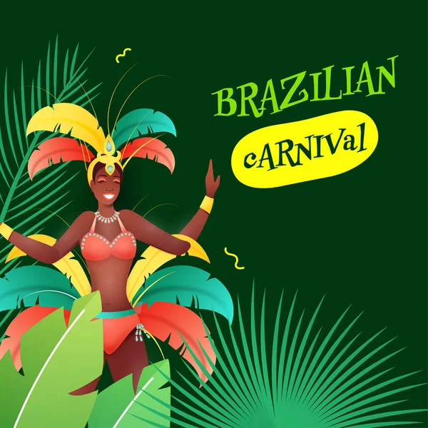 Braziliaans Carnaval Viering Concept Met Vrouwelijke Samba Danseres Karakter Bladeren — Stockvector