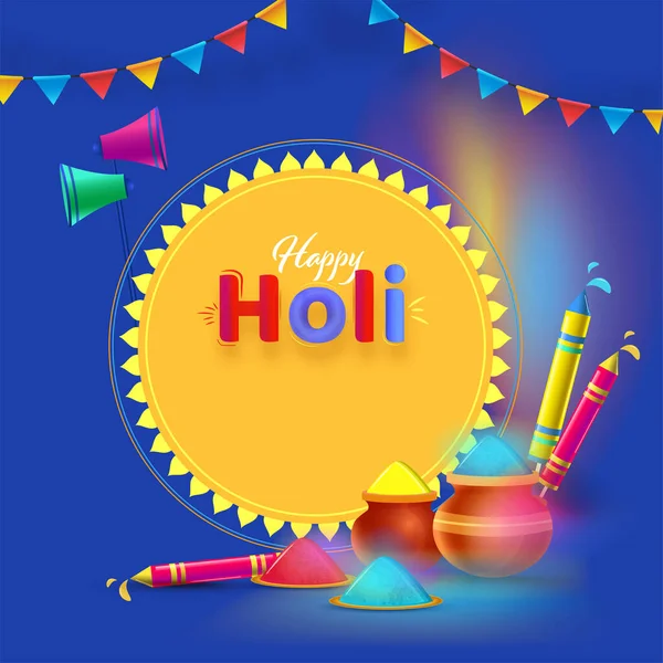 Happy Holi Celebration Concept Color Powder Mud Pots Water Guns — стоковый вектор