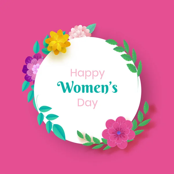 Happy Women Day Text White Circular Frame Decorated Flowers Leaves — стоковый вектор