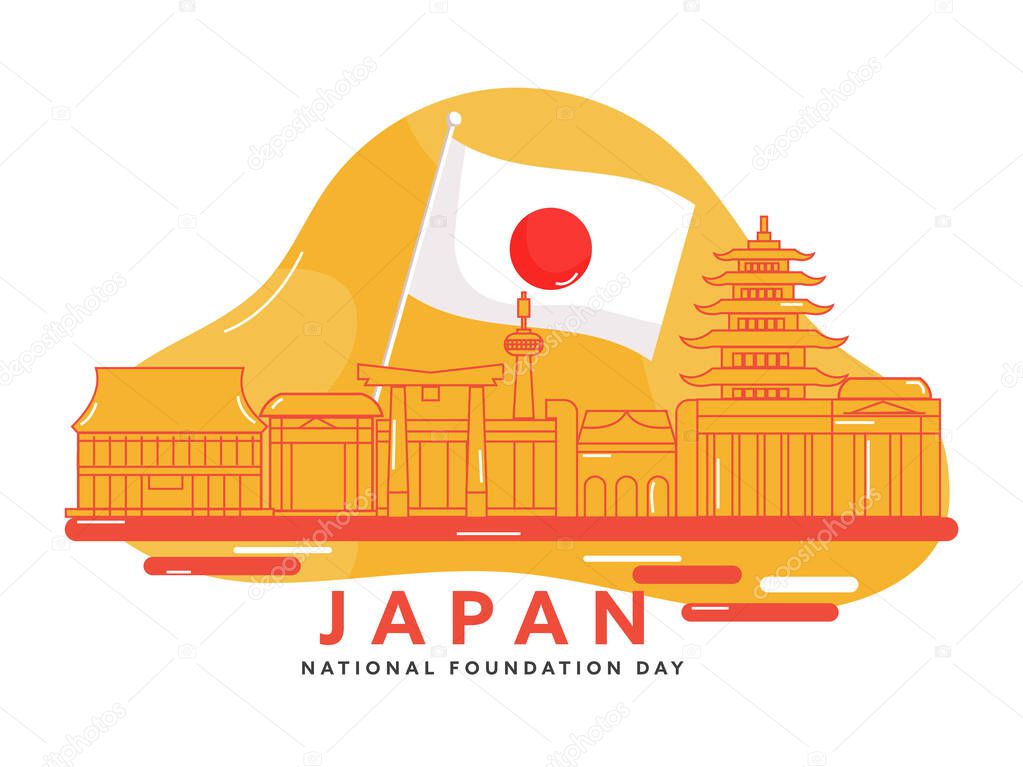 Japan Foundation Day Concept With National Flags, Line Art Japanese Famous Monuments Or Architects On Yellow And White Background.