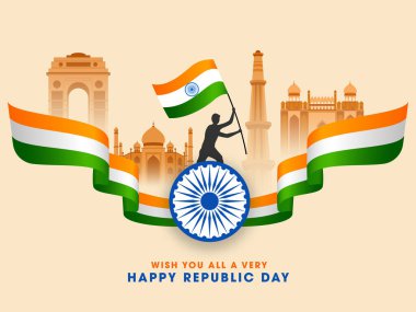 India Famous Monuments With Silhouette Man Holding Indian Flag, Ashoka Wheel And Tricolor Wavy Ribbon For Republic Day Concept. clipart