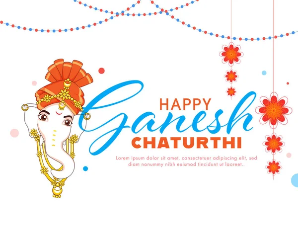 Happy Ganesh Chaturthi Font Lord Ganpati Face Flowers Hang White — Wektor stockowy