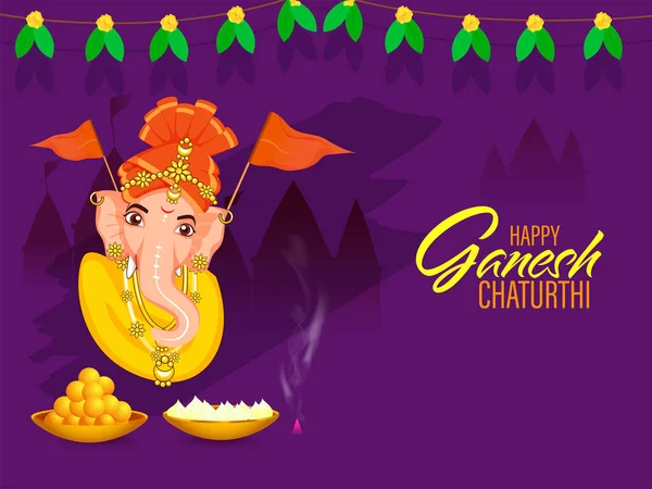 Happy Ganesh Chaturthi Σχεδιασμός Αφίσας Lord Ganesha Πρόσωπο Σημαίες Laddu — Διανυσματικό Αρχείο