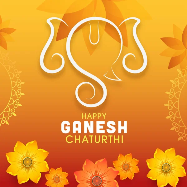 Happy Ganesh Chaturthi Text Line Art Ganpati Face Flowers Decorated — 스톡 벡터