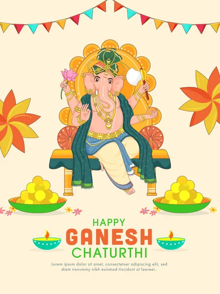 Hindu Mitológia Lord Ganesha Trónbálványon Laddu Tányérokkal Olajlámpákkal Diya Boldog — Stock Vector