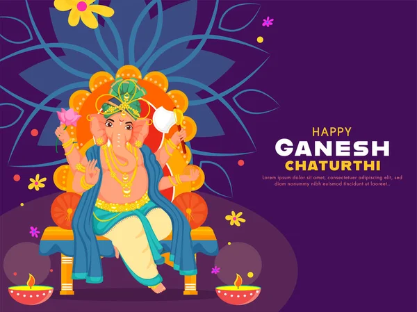 Mitologia Hinduska Lord Ganesha Tronie Idol Oświetlone Lampy Olejne Diya — Wektor stockowy