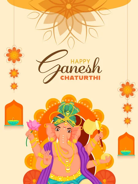 Hindu Mitológia Lord Ganesha Idol Égő Olaj Lámpák Diya Virágok — Stock Vector