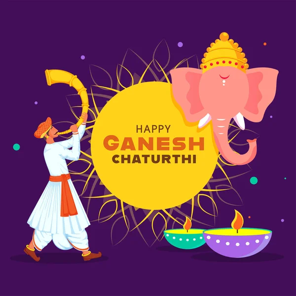 Texto Ganesh Chaturthi Feliz Con Cara Del Señor Ganesha Lámparas — Vector de stock