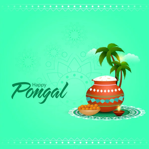 Happy Pongal Texte Avec Pot Boue Riz Bol Doux Laddu — Image vectorielle