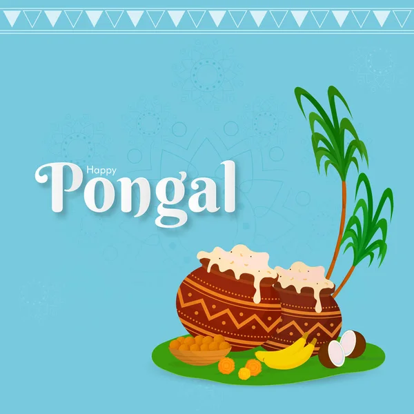 Happy Pongal Text Pongali Rice Mud Pots Sweet Laddu Fruits — стоковый вектор