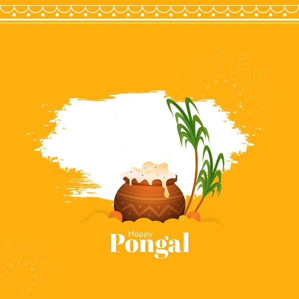 Mutlu Pongal Kutlama Posteri Tasarımı Pirinç Çamuru Şeker Kamışı Sarı — Stok Vektör