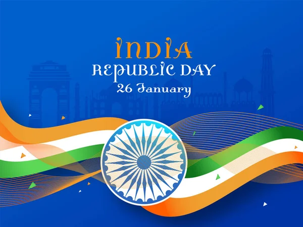День Республики Индия Концепция Ашока Колесо Триколор Ленты Волнистые Линии — стоковый вектор