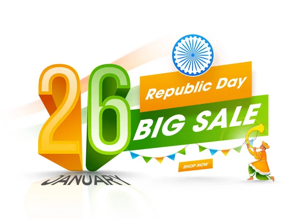 26Th January Republic Day Big Sale Poster Design Man Blowing — Stock Vector