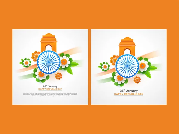采用Ashoka Wheel India Gate和Tricolor Paper Flowers White Background两种选择的快乐共和国日海报设计 — 图库矢量图片