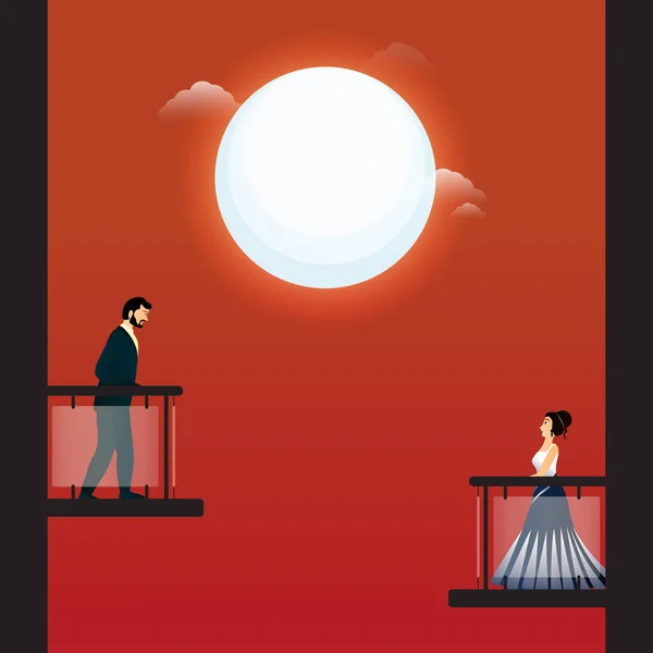 Young Man Woman Looking Each Other Balconies Full Moon Red — Stock Vector