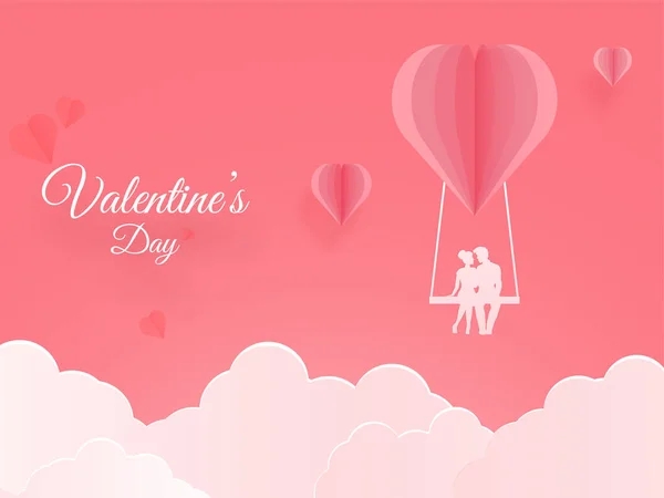 Paper Cut Heart Swing Silhouette Couple Clouds Light Red Background — Stock Vector