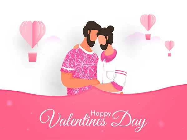 Happy Valentine Day Font Cartoon Gay Couple Embracing Paper Cut — стоковый вектор