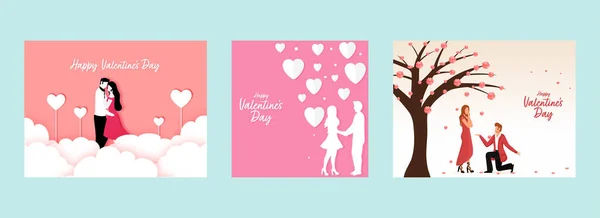 Buon San Valentino Biglietto Auguri Con Amorevole Coppia Illustrazione Tre — Vettoriale Stock