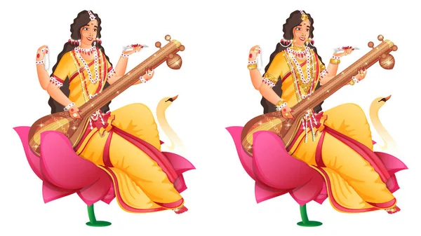 Deusa Saraswati Maa Personagem Flor Lótus Duas Imagens — Vetor de Stock