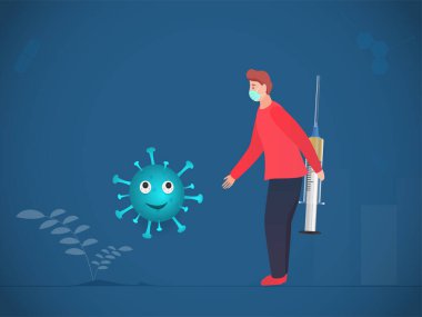 Çizgi filmdeki adam Coronavirüs 'ten gelen gizli şırıngayla tıbbi maske takıyor ya da Covid-19' a saldırmak ya da yok etmek için el sıkışıyor..