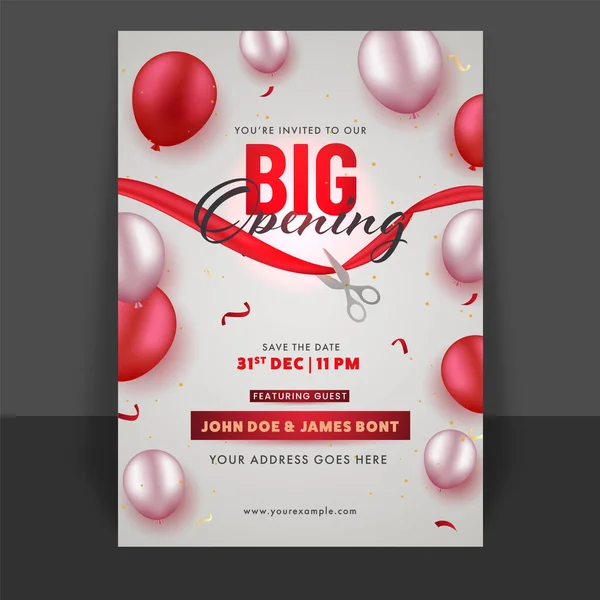 Grote Opening Flyer Sjabloon Ontwerp Met Glanzende Ballonnen Event Details — Stockvector