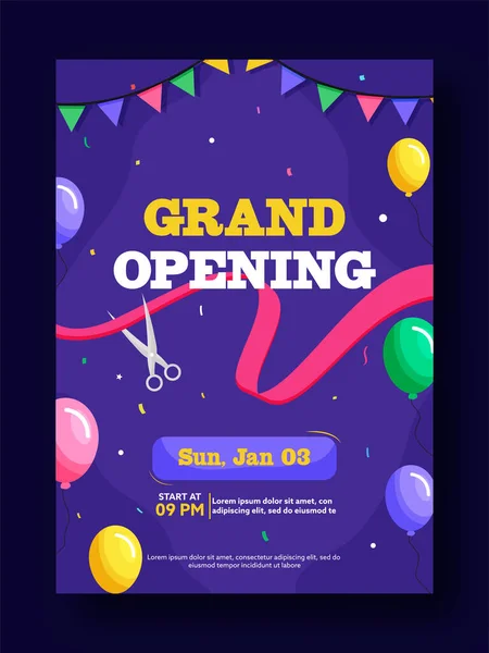 Grand Opening Party Flyer Template Design Event Details Violet Background — Stock Vector