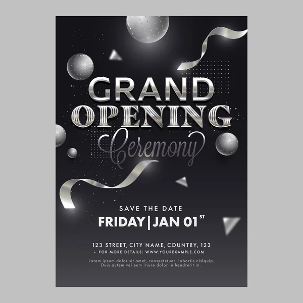 Grote Opening Ceremonie Sjabloon Flyer Ontwerp Met Bollen Zwarte Kleur — Stockvector