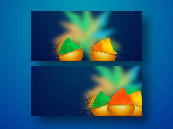 Zlaté Hrnce Plné Práškových Barev Rozmazaným Prášek Exploze Modrém Pozadí — Stockový vektor