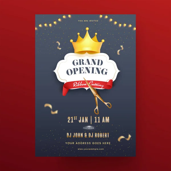 Grand Opening Party Flyer Ontwerp Met Lint Snijden Gouden Kroon — Stockvector