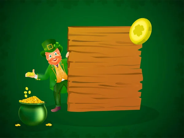 Cheerful Leprechaun Man Showing Golden Coins Pot Wooden Board Green — Stock Vector