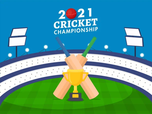 2021 Kriket Mistrovství Koncept Kříženými Netopýry Trofej Pohár Stadionu Zobrazit — Stockový vektor