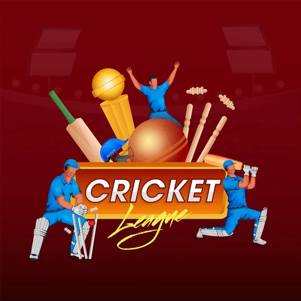 Cricket League Poster Design Cartoon Players Action Poses Equipments Red — Stock Vector