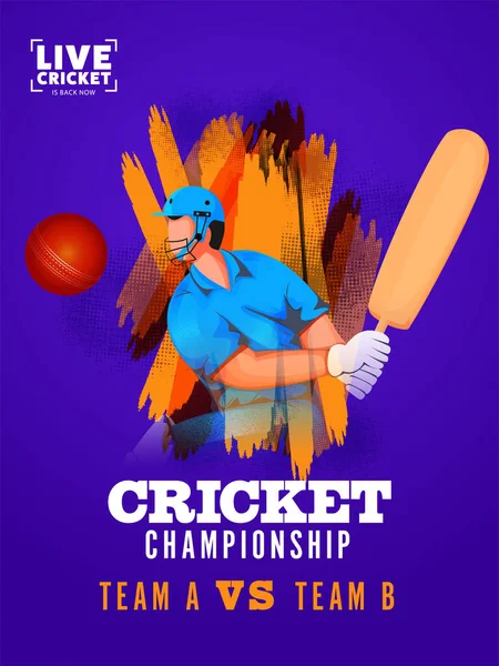 Команда Чемпионата Крикету Based Template Design Violet Color Cartoon Batsman — стоковый вектор