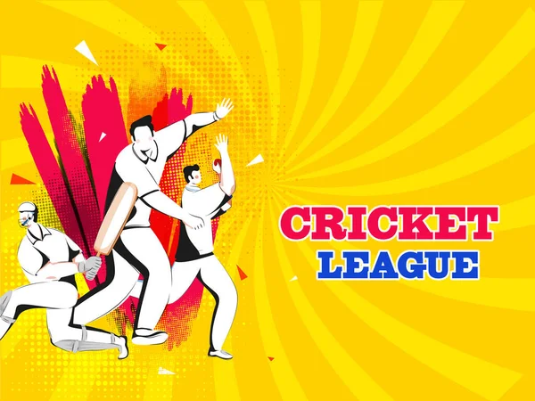 Cricket League Concept Met Tekenfilmspelers Karakter Roze Borstel Effect Gele — Stockvector