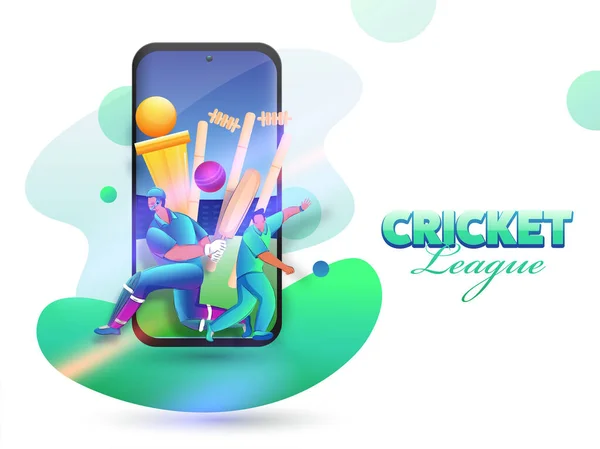Kriket Ligi Konsepti Çizgi Film Vurucusu Bowling Karakteri Smartphone Altın — Stok Vektör