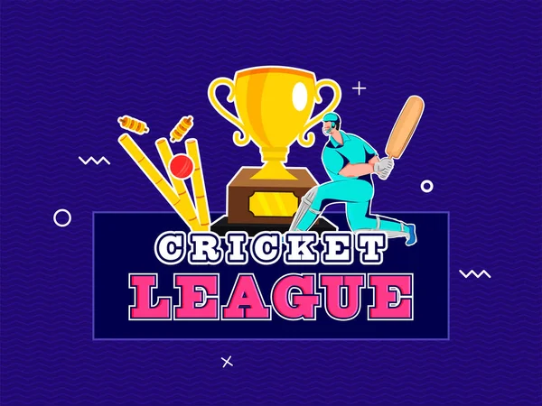 Sticker Style Cricket League Text Batsman Character Ball Hitting Wicket — Stock Vector