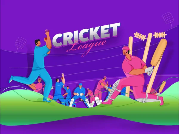 Diseño Póster Liga Cricket Con Personaje Los Jugadores Dibujos Animados — Vector de stock