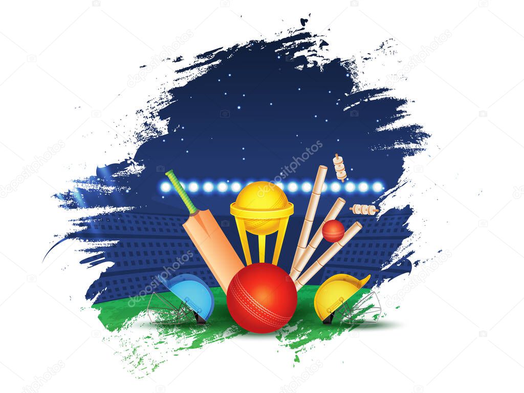 Realistic Cricket Equipment With Golden Trophy Cup And Two Helmet Of Participate Team On Blue Brush Effect Stadium View.