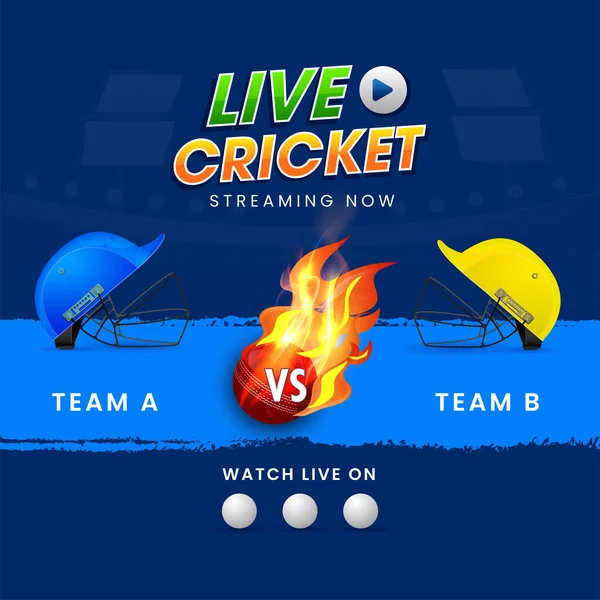 Live Cricket Streaming Now Poster Design Two Helmets Participate Team — Stock Vector