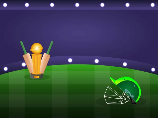 Violet Green Background Cricket Helmet Bats Golden Trophy Cup Illustration — Stock Vector