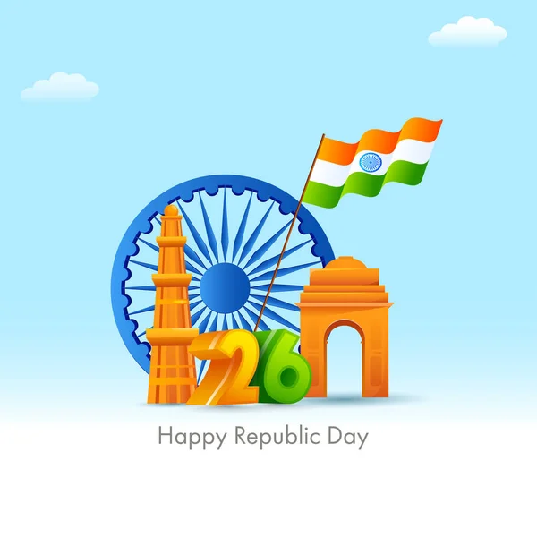 Ashokaホイール インド国旗 有名なモニュメントが輝く3D 26番 Happy Republic Day Concept — ストックベクタ