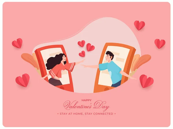 Cartoon Tiener Jongen Meisje Interactie Video Oproep Voor Gelukkige Valentijnsdag — Stockvector
