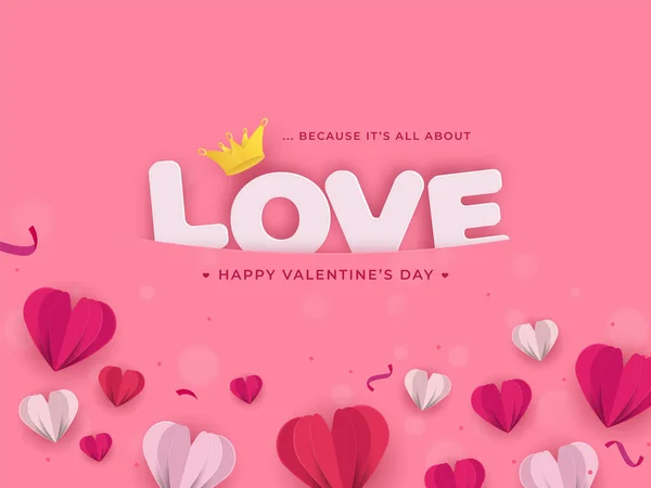 Paper Layer Cut Hearts Love Text Crown Illustration Pink Background — стоковый вектор
