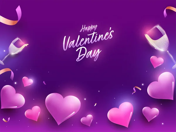 Gelukkige Valentijnsdag Concept Met Glanzende Harten Wijnglazen Confetti Licht Effect — Stockvector