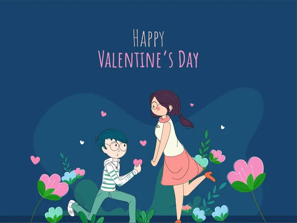 Illustration Cute Boy Proproposing His Girlfriend Floral Blue Background Happy — 스톡 벡터