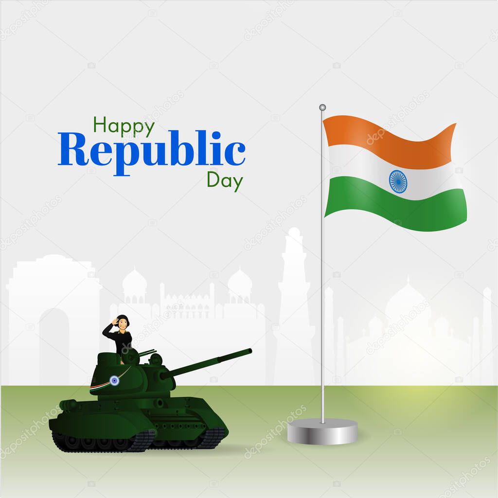 Happy Republic Day Concept With Saluting Army Officer On Military Tank, Indian Flag And Silhouette Famous Monuments Background.