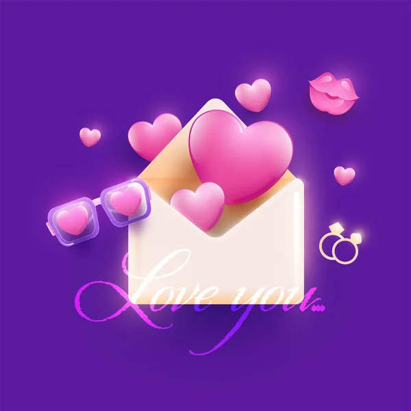 Love You Font Glossy Pink Hearts Surgissant Enveloppe Des Lunettes — Image vectorielle