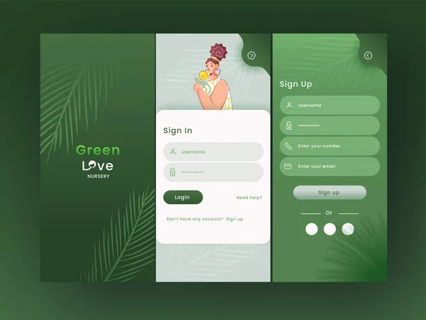 Green Love Nursery Anwendung Splash Screens Einschließlich Wie Als Anmeldung — Stockvektor